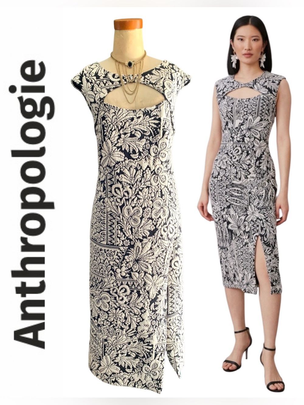 Anthropologie Jacquard Black & White Sleeveless Cutout Midi Dress- M